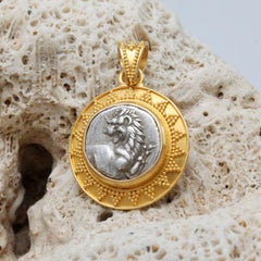 Ancient Greek 4th Century BC Silver Lion Coin 22K Gold Pendant