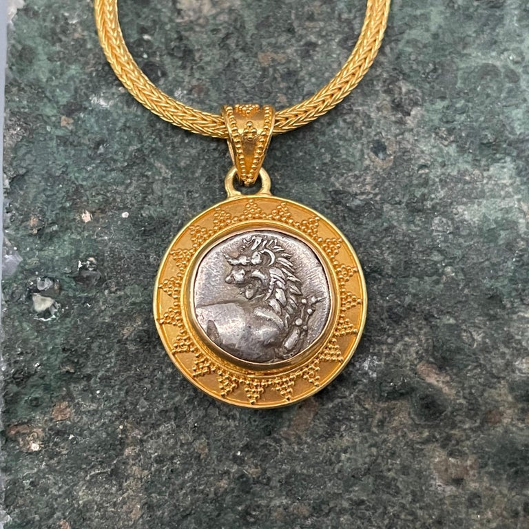 Women's or Men's Ancient Greek 4th Century BC Silver Lion Coin 22K Gold Pendant For Sale