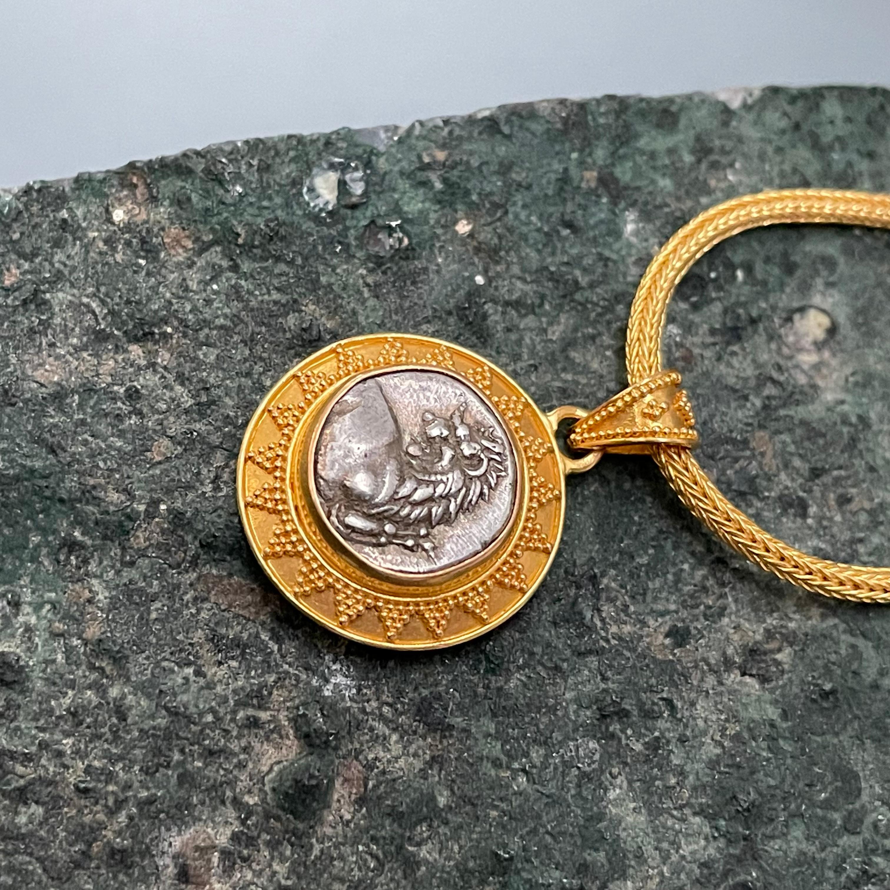 Women's or Men's Ancient Greek 4th Century BC Silver Lion Coin 22K Gold Pendant For Sale