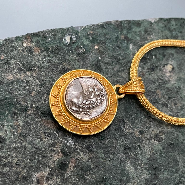 Ancient Greek 4th Century BC Silver Lion Coin 22K Gold Pendant For Sale 3