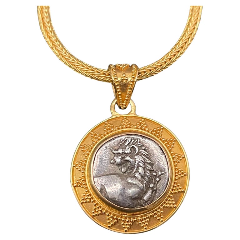 Ancient Greek 4th Century BC Silver Lion Coin 22K Gold Pendant For Sale