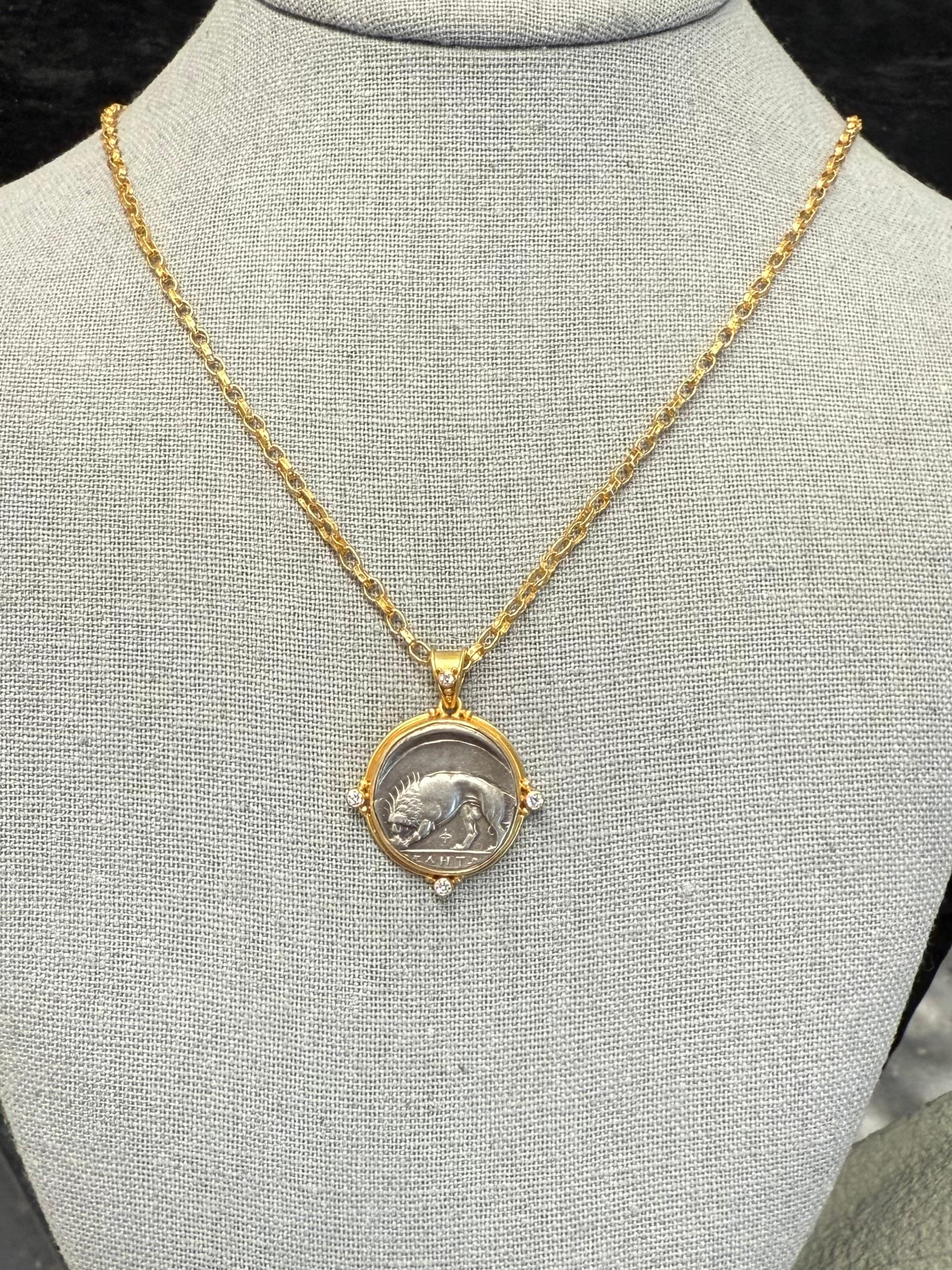 Ancient Greek 4th Century BC Silver Lion Coin Diamonds 18K Gold Pendant For Sale 4
