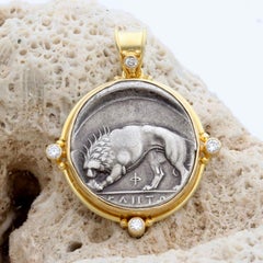 Ancient Greek 4th Century BC Silver Lion Coin Diamonds 18K Gold Pendant