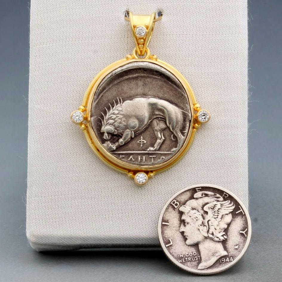 Rose Cut Ancient Greek 4th Century BC Silver Lion Coin Diamonds 18K Gold Pendant For Sale