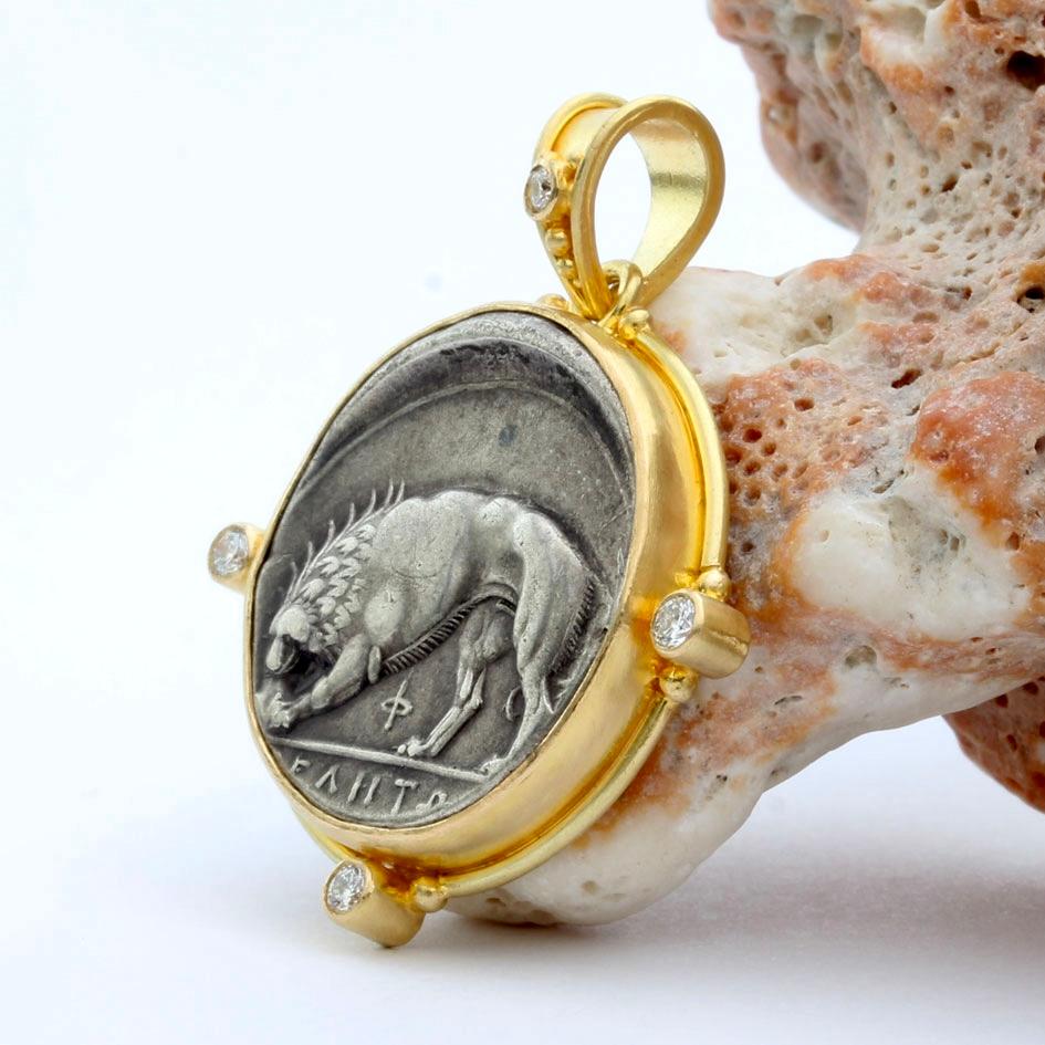 Women's or Men's Ancient Greek 4th Century BC Silver Lion Coin Diamonds 18K Gold Pendant For Sale