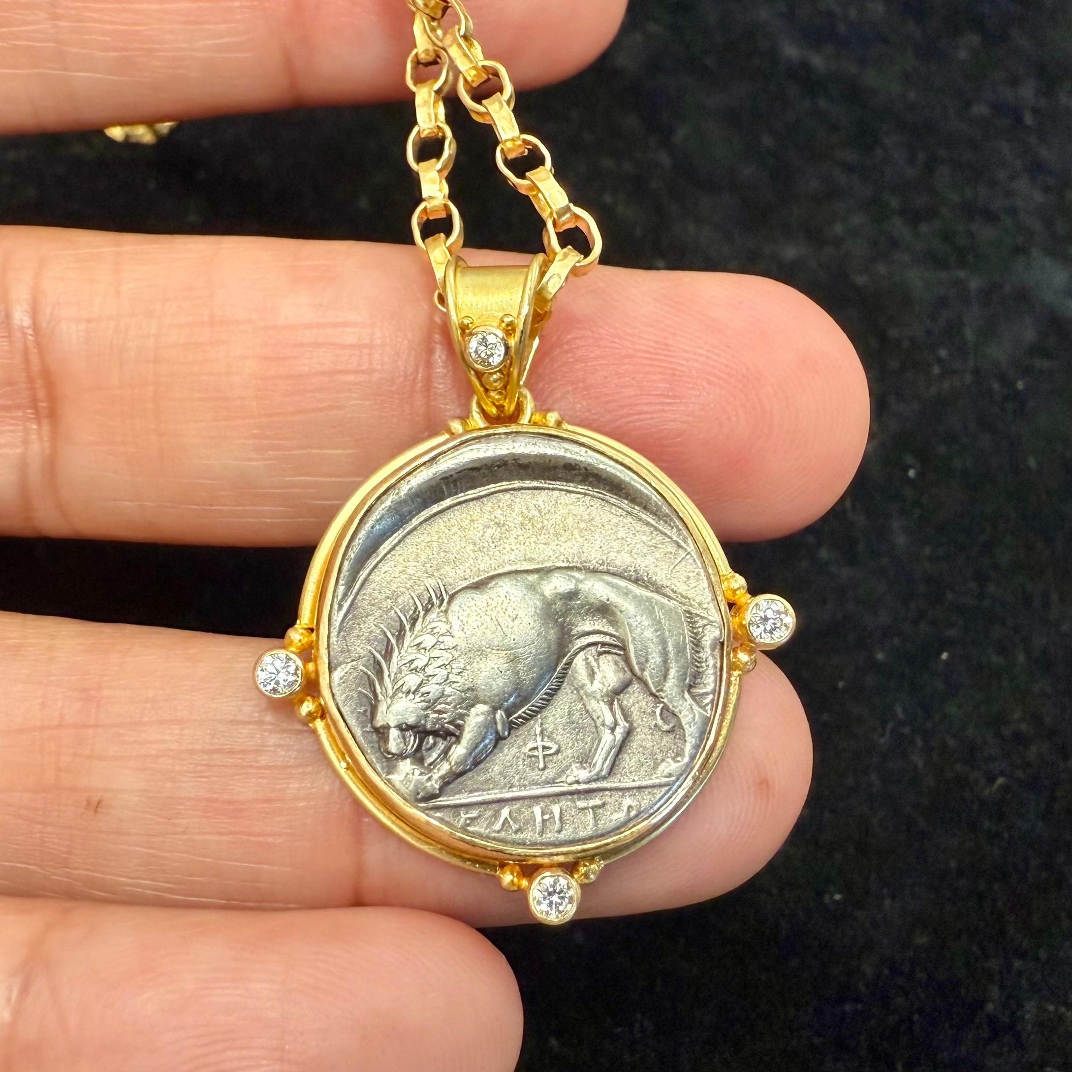 Ancient Greek 4th Century BC Silver Lion Coin Diamonds 18K Gold Pendant For Sale 1
