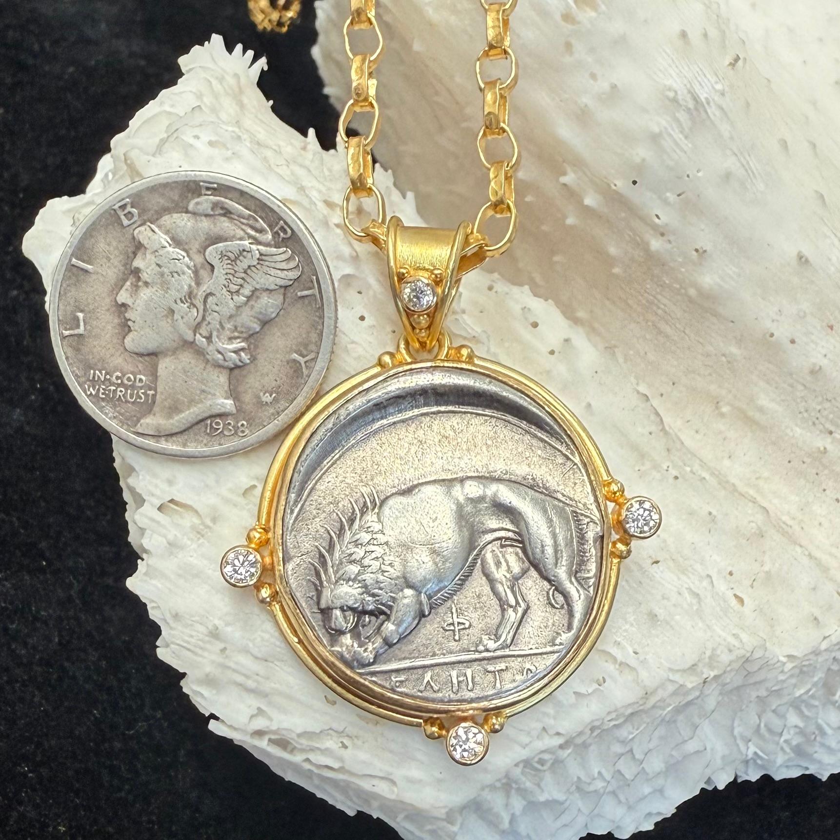 Ancient Greek 4th Century BC Silver Lion Coin Diamonds 18K Gold Pendant For Sale 2