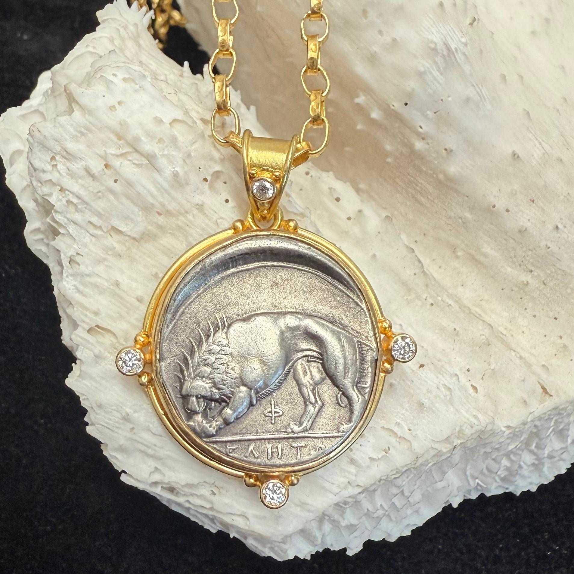 Ancient Greek 4th Century BC Silver Lion Coin Diamonds 18K Gold Pendant For Sale 3