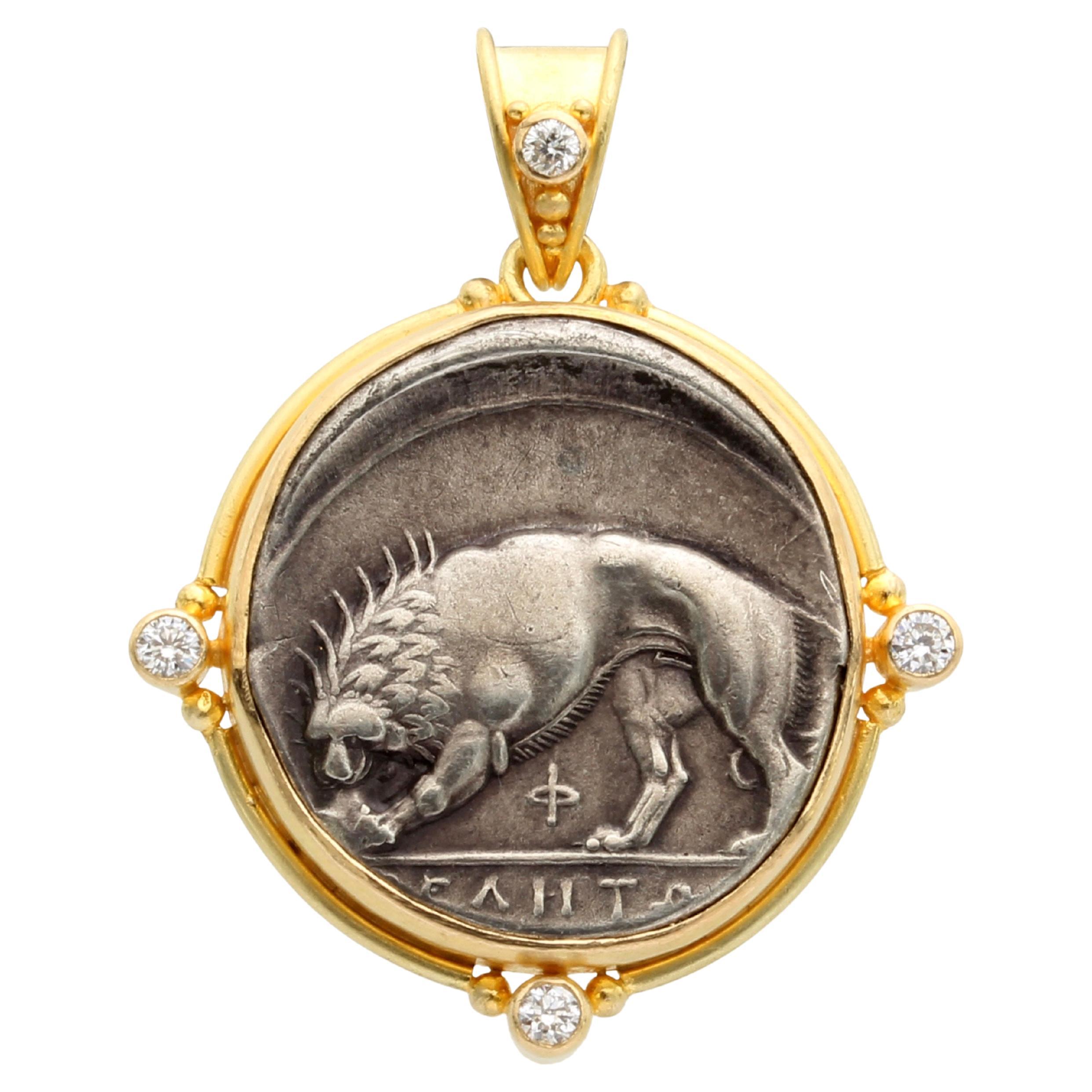 Ancient Greek 4th Century BC Silver Lion Coin Diamonds 18K Gold Pendant For Sale