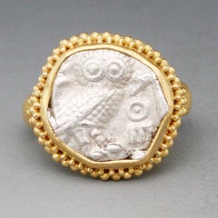 Ancient Greek 4th Century BC Silver Owl Athena Coin 22K Gold Ring