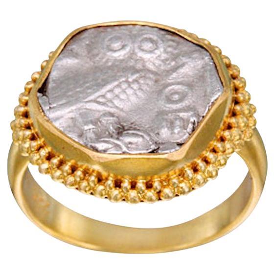 Ancient Greek 4th Century BC Silver Owl Athena Coin 22K Gold Ring For Sale