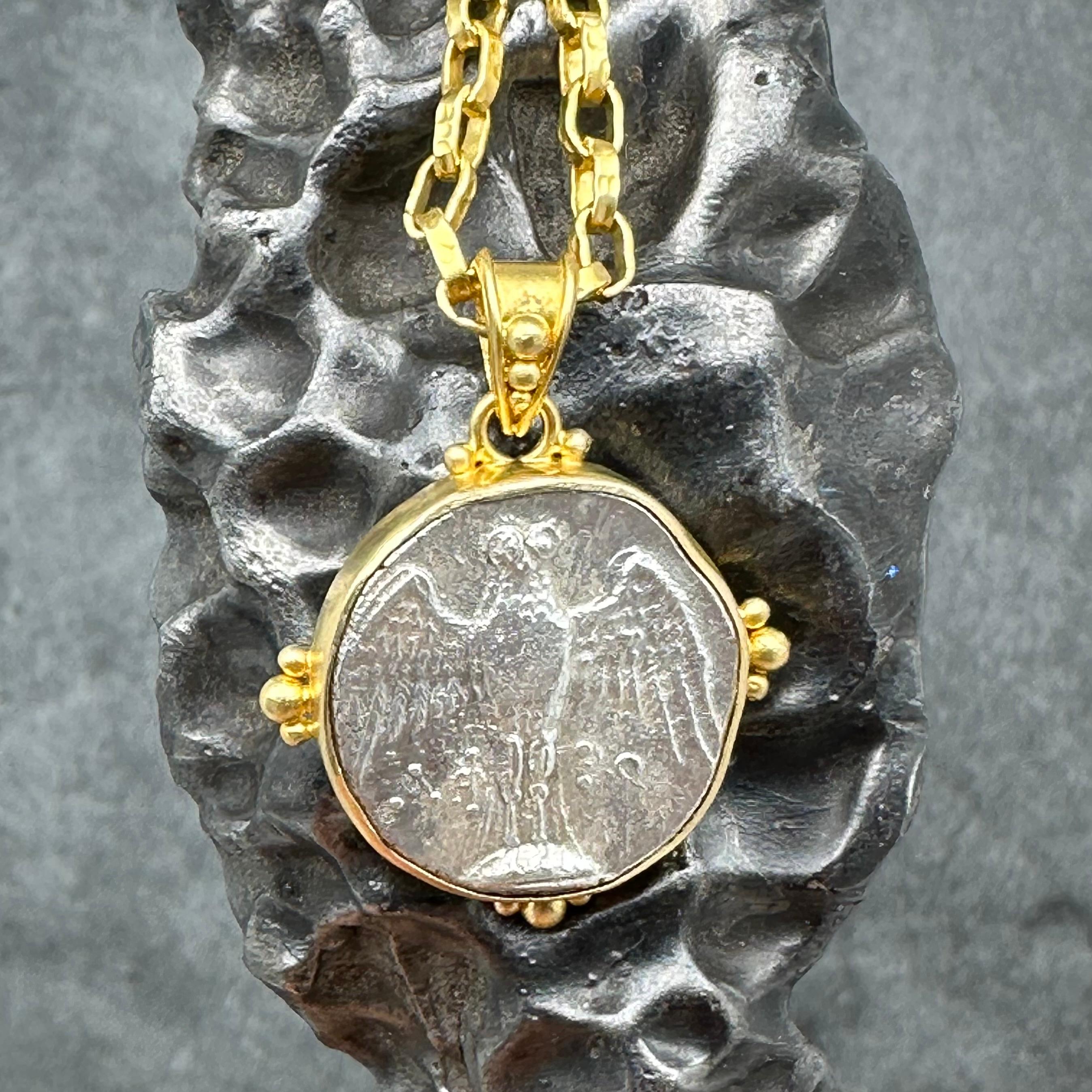 Ancient Greek 4th Century BC Silver Owl Coin 18K Gold Pendant  In New Condition For Sale In Soquel, CA