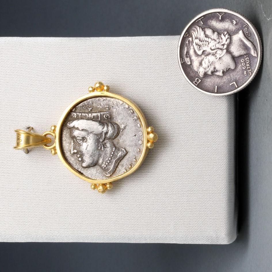 Classical Greek Ancient Greek 4th Century BC Silver Owl Coin 18K Gold Pendant For Sale