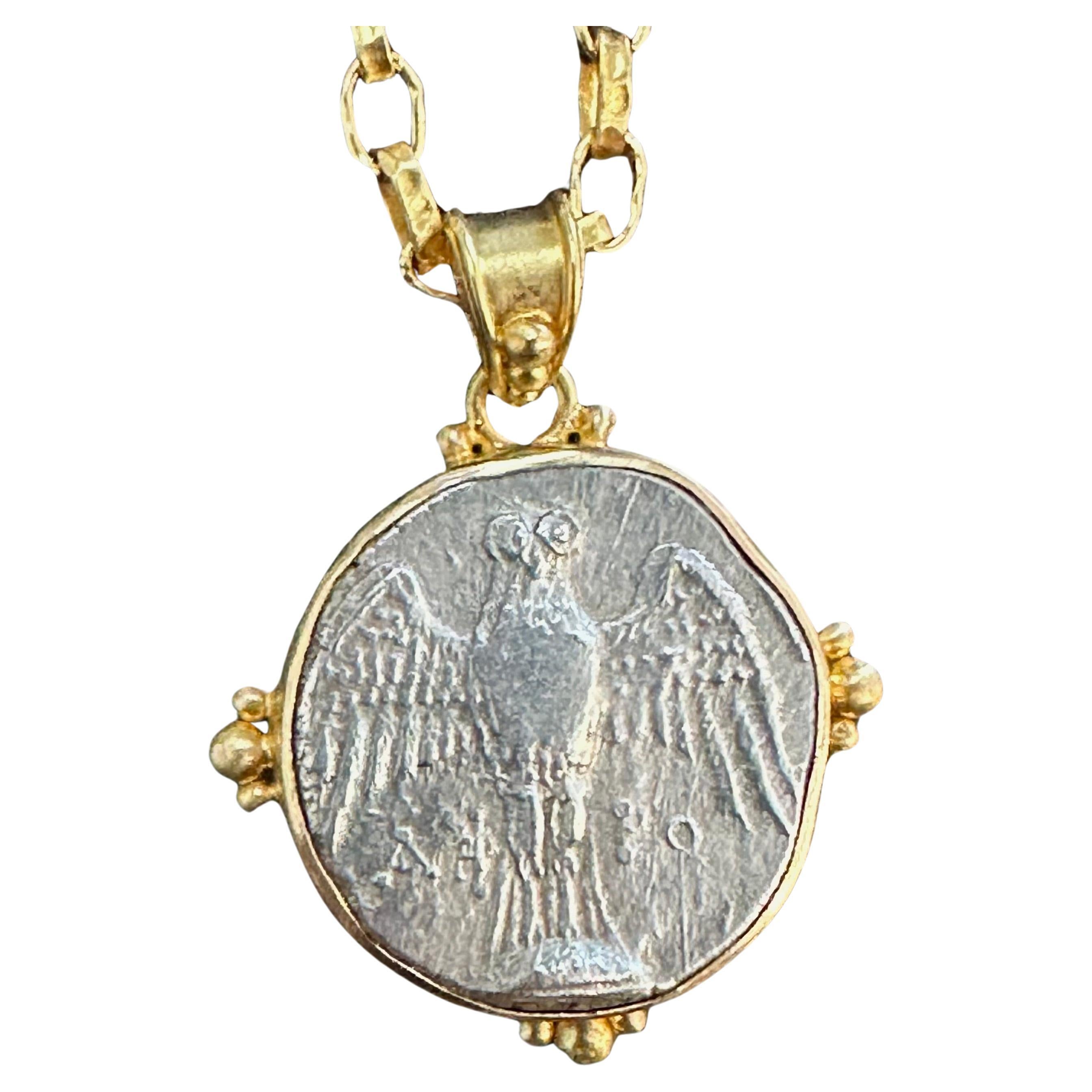 Ancient Greek 4th Century BC Silver Owl Coin 18K Gold Pendant  For Sale