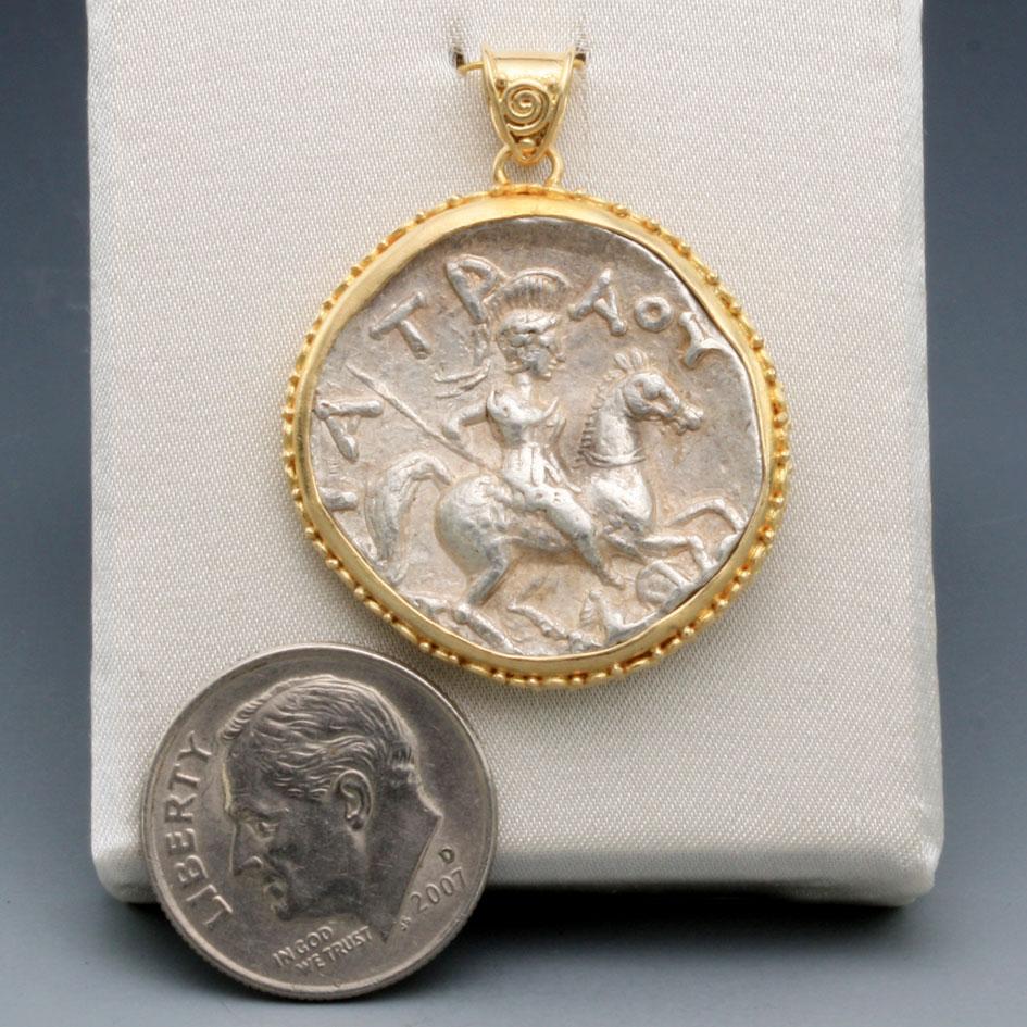Classical Greek Ancient Greek 4th Century BC Silver Warrior Coin 18K Gold Pendant  For Sale