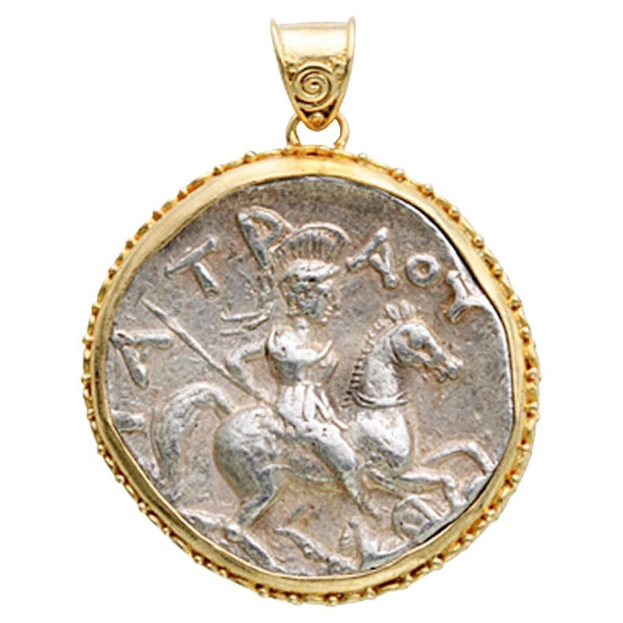 Ancient Greek 4th Century BC Silver Warrior Coin 18K Gold Pendant  For Sale