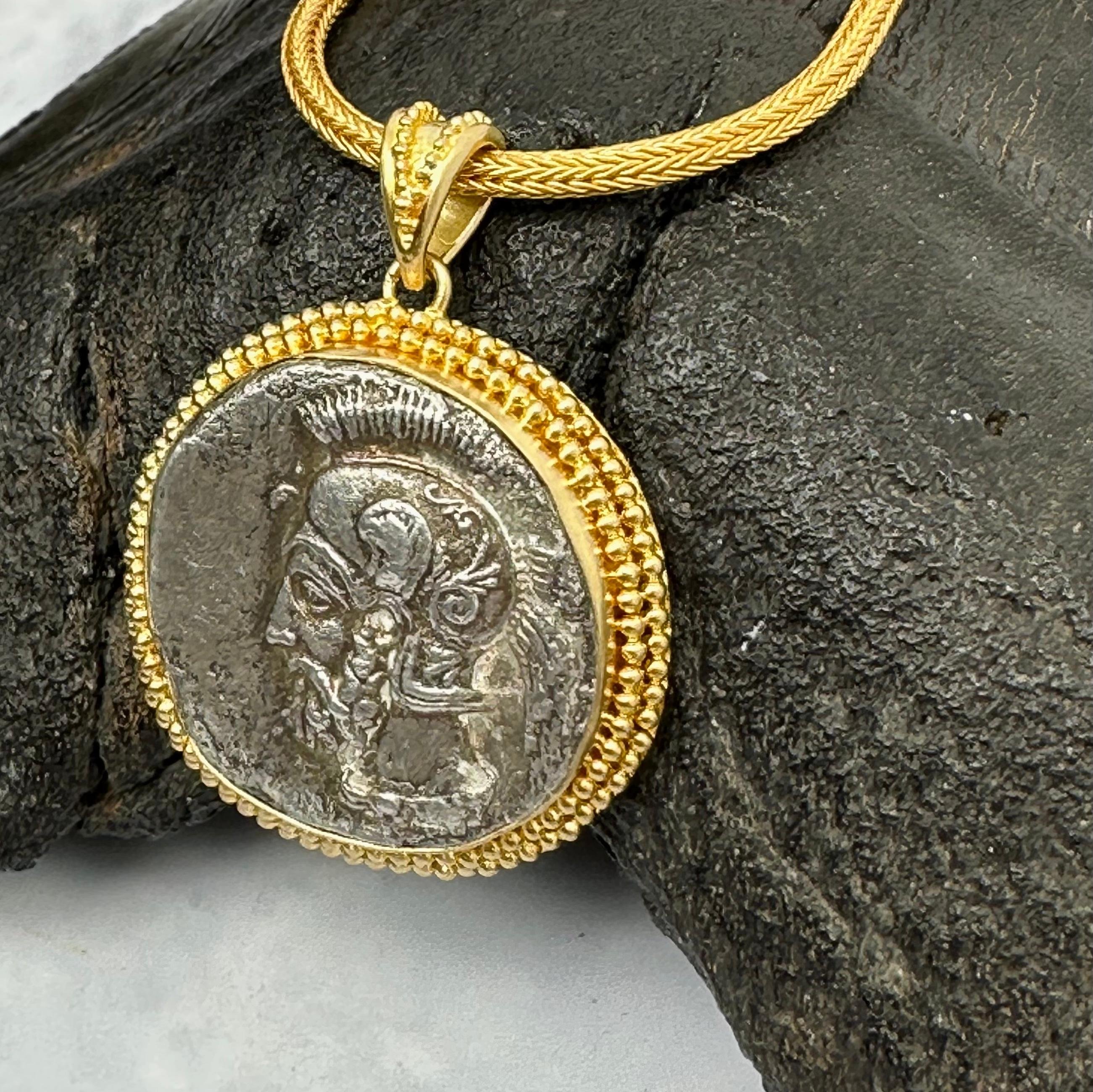 Classical Greek Ancient Greek 4th Century BC Warrior with Helmet Coin 18k Gold Pendant For Sale