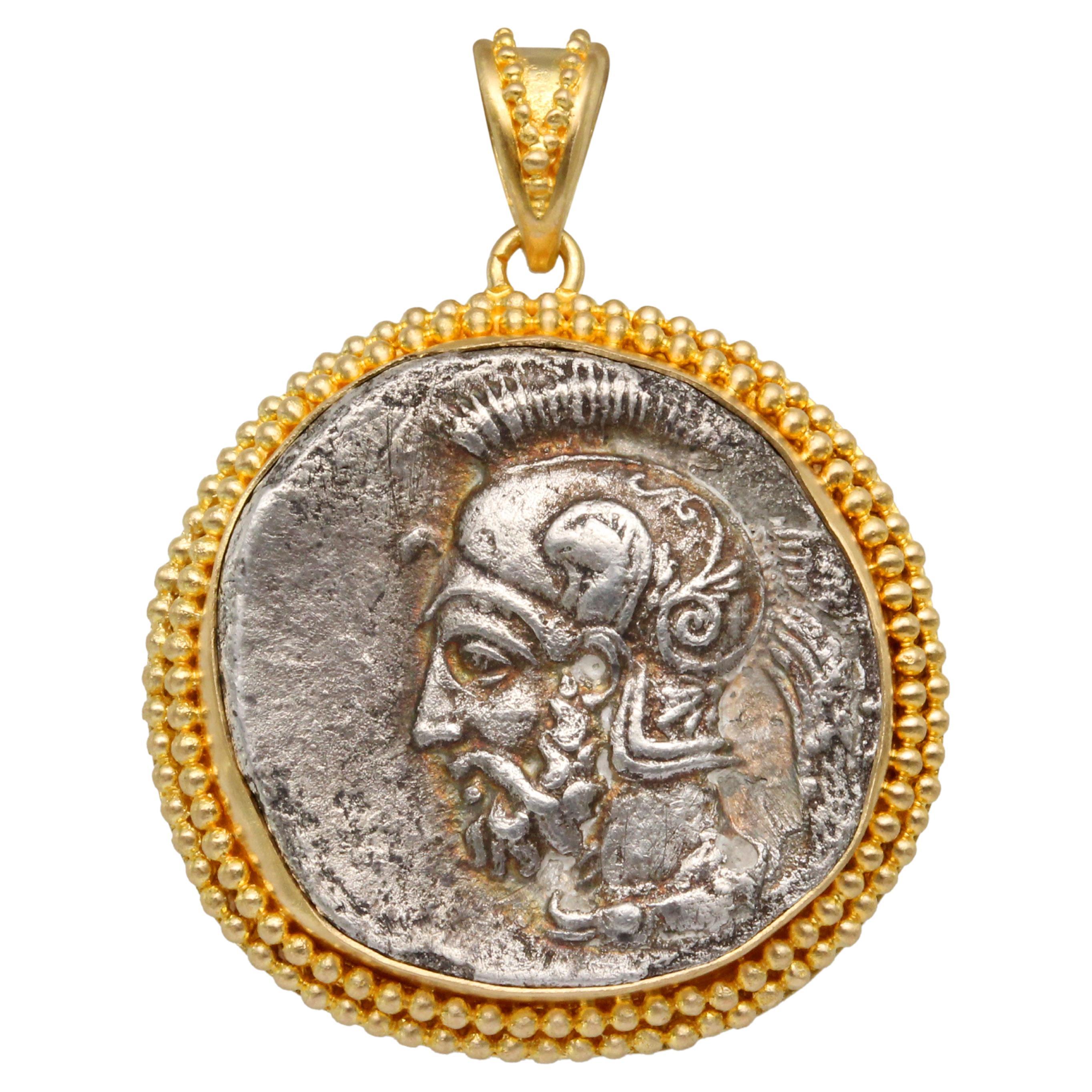 Ancient Greek 4th Century BC Warrior with Helmet Coin 18k Gold Pendant For Sale