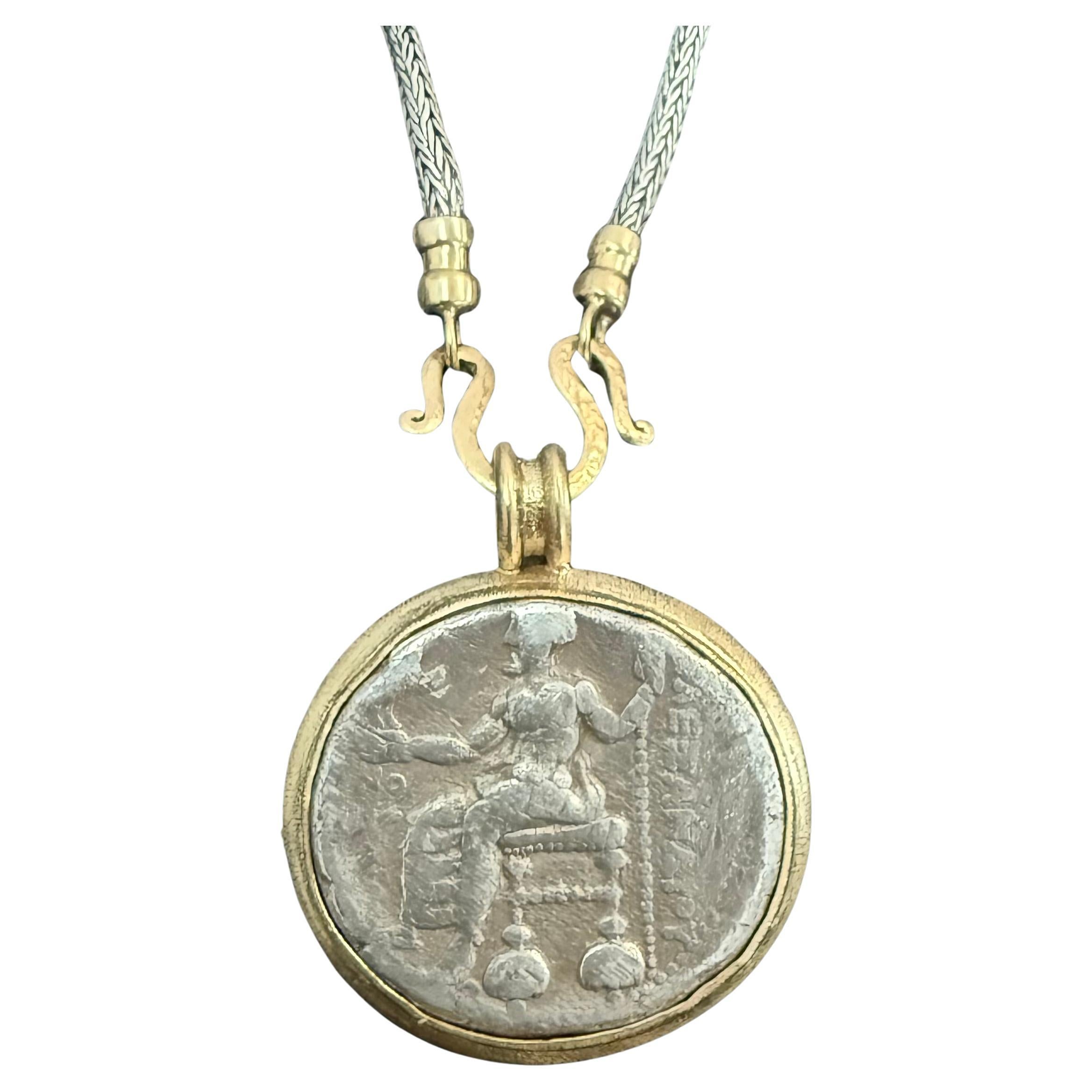 Ancient Greek 4th Century BC Zeus Coin 18K Gold Pendant 20" Silver/Gold Chain For Sale