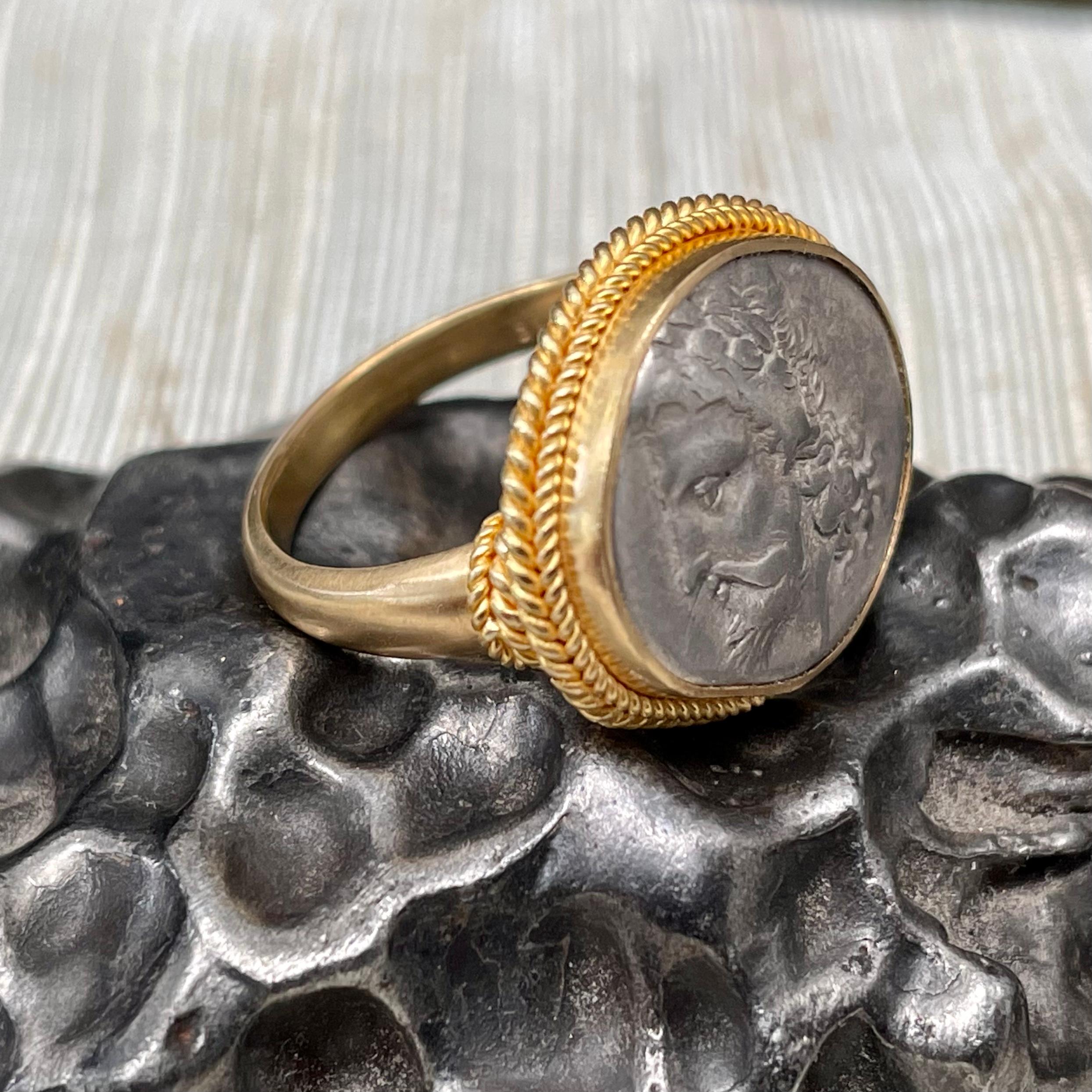 Ancient Greek 4th Century BC Zeus Coin 18K Gold Ring For Sale 2