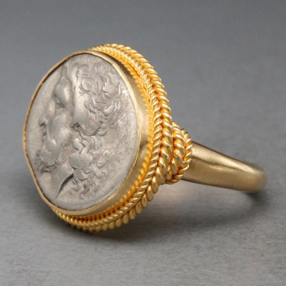 Ancient Greek 4th Century BC Zeus Coin 18K Gold Ring For Sale 4
