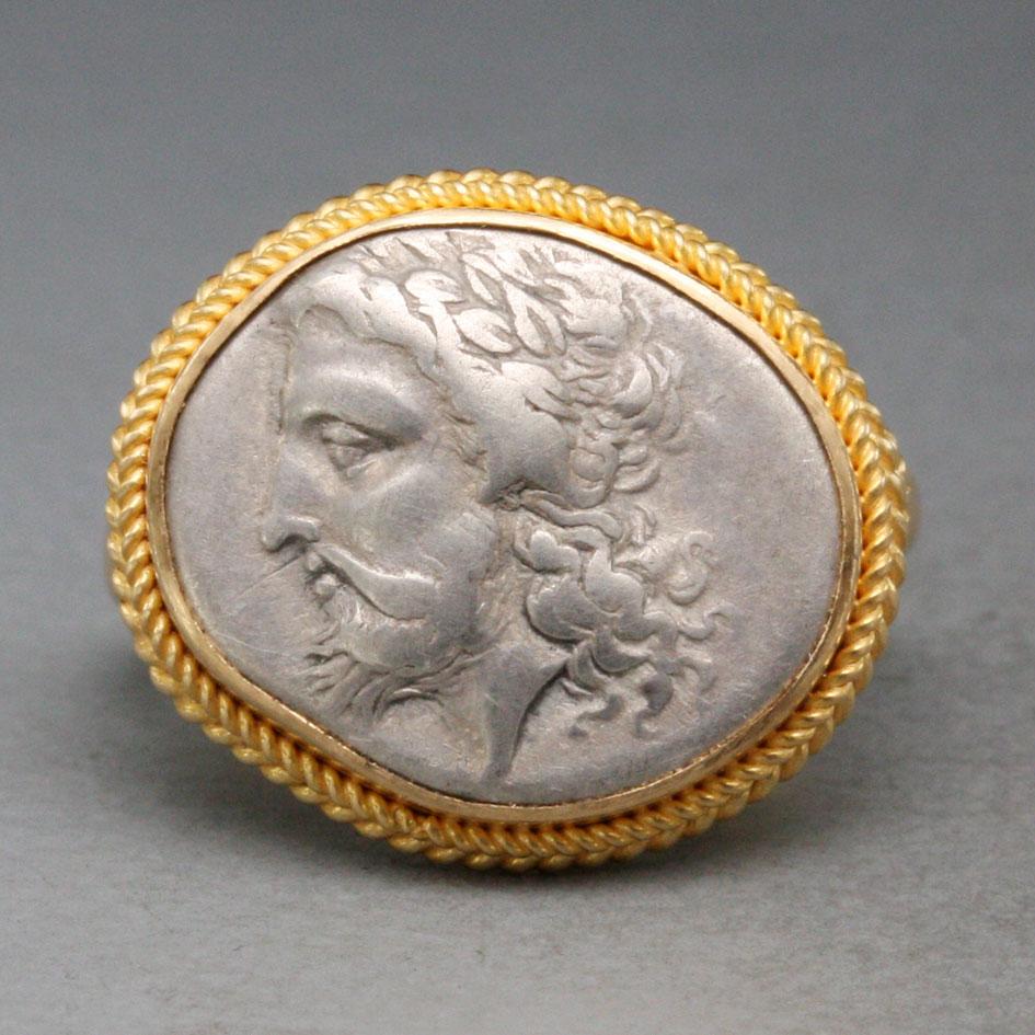 Ancient Greek 4th Century BC Zeus Coin 18K Gold Ring For Sale 5
