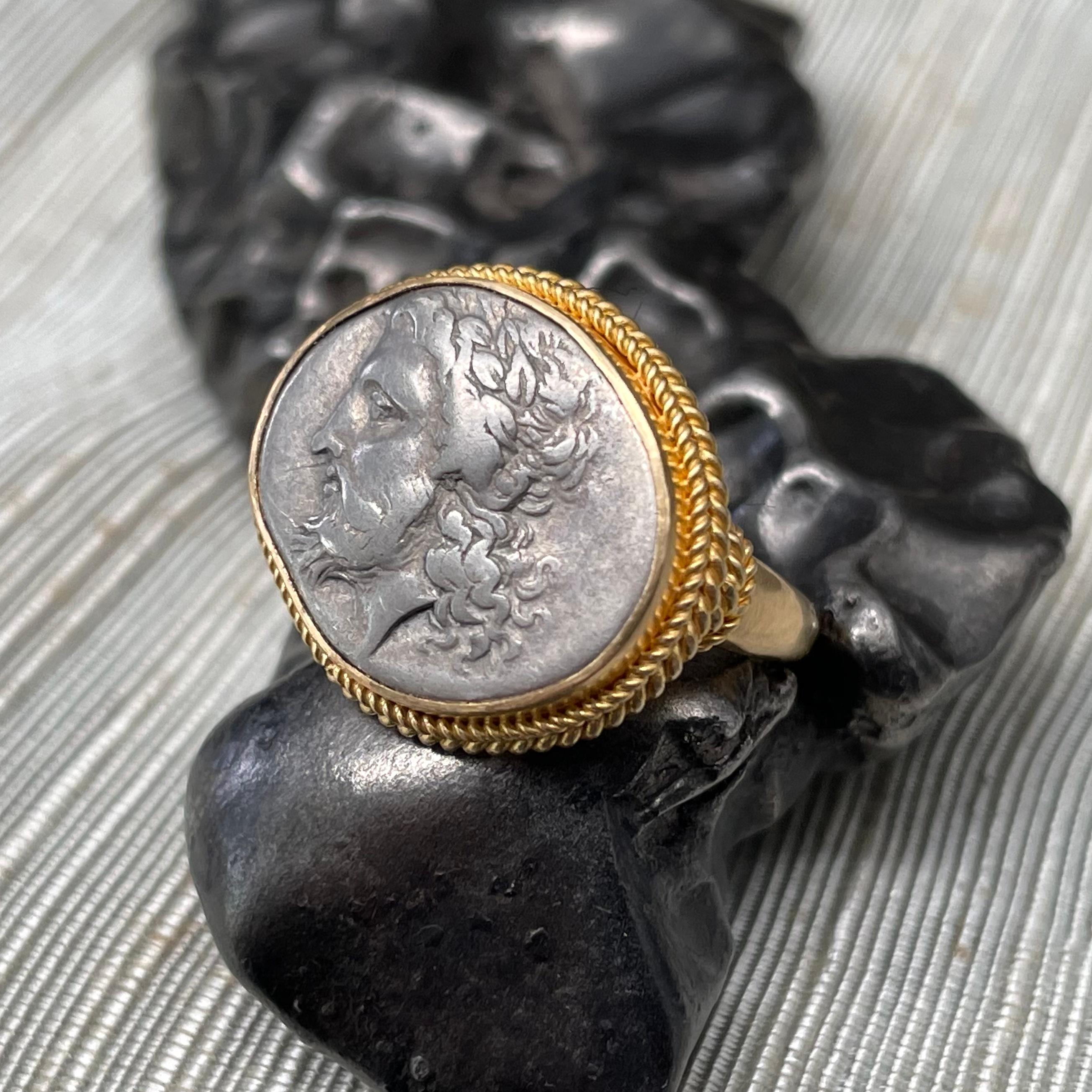 Classical Greek Ancient Greek 4th Century BC Zeus Coin 18K Gold Ring For Sale