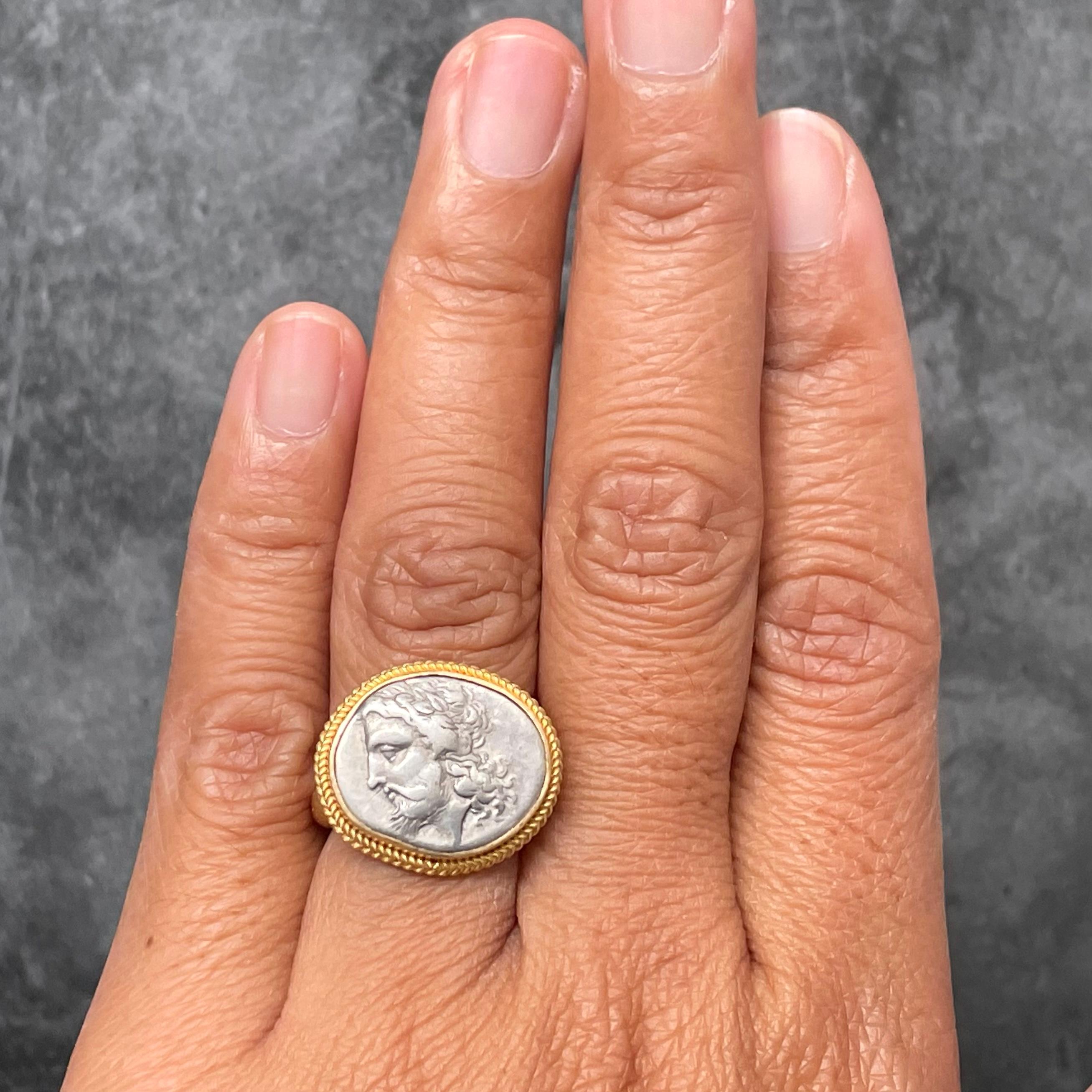 Women's or Men's Ancient Greek 4th Century BC Zeus Coin 18K Gold Ring For Sale
