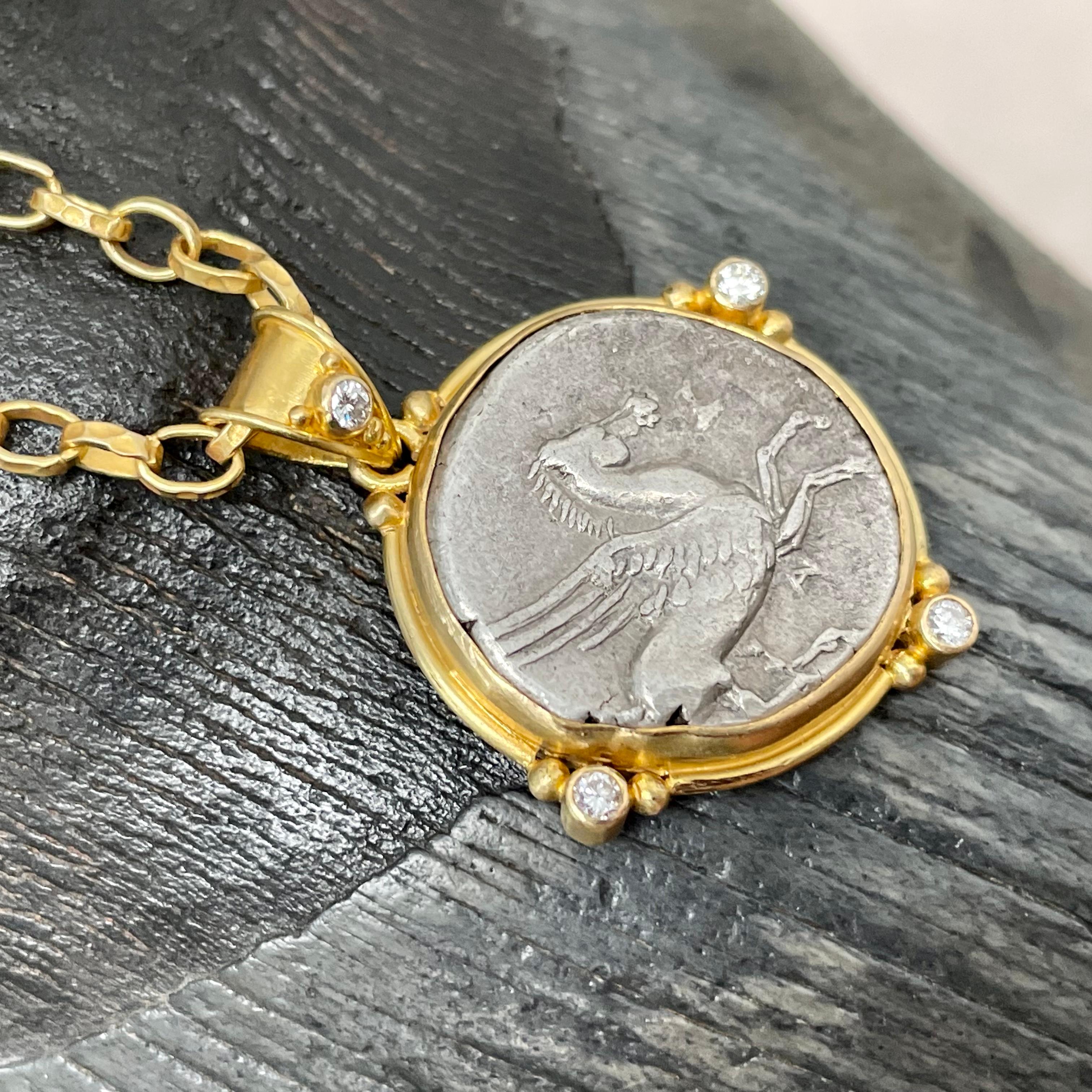 Ancient Greek 4th Century BCE Pegasus Coin Diamonds 18K Gold Pendant For Sale 2