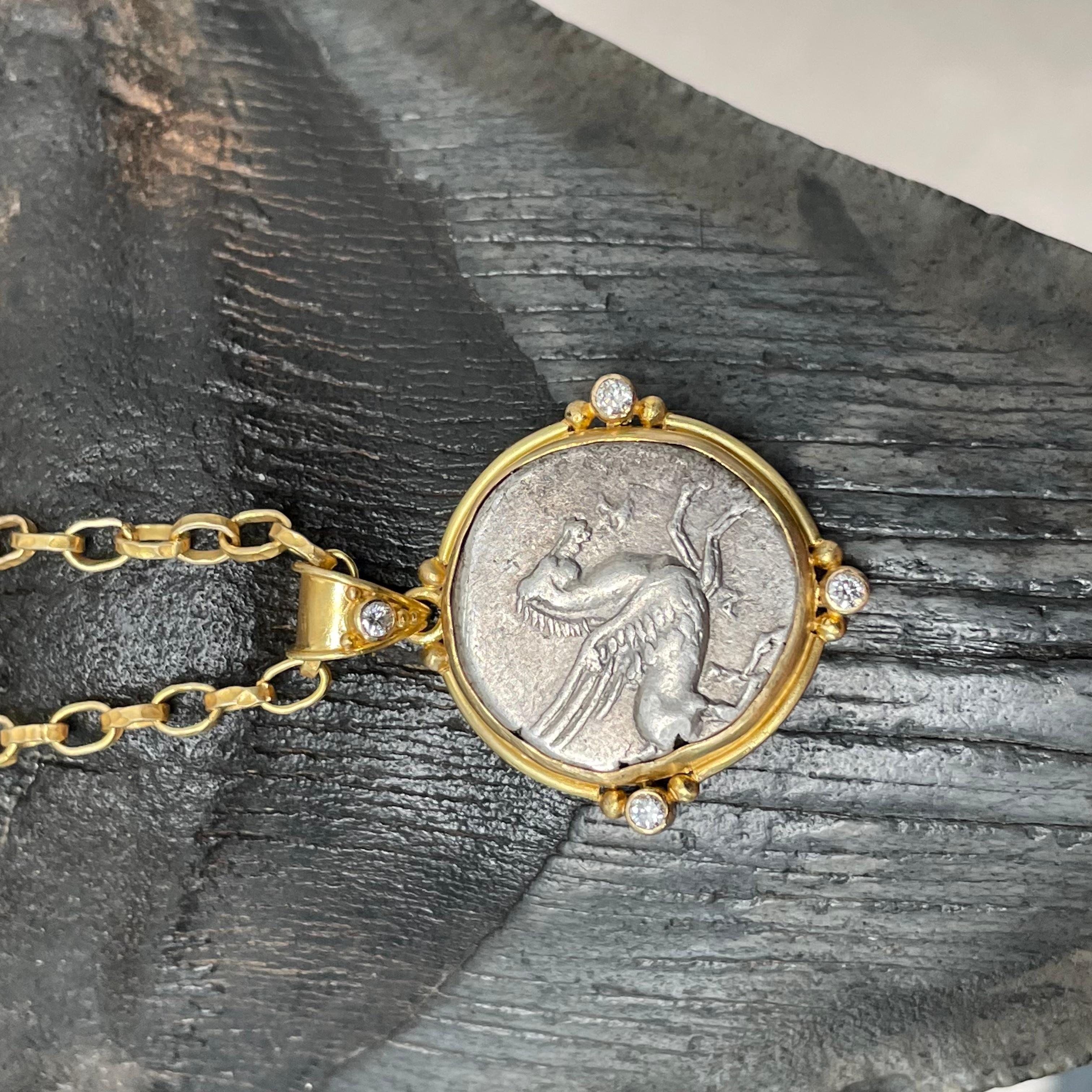 Ancient Greek 4th Century BCE Pegasus Coin Diamonds 18K Gold Pendant For Sale 3