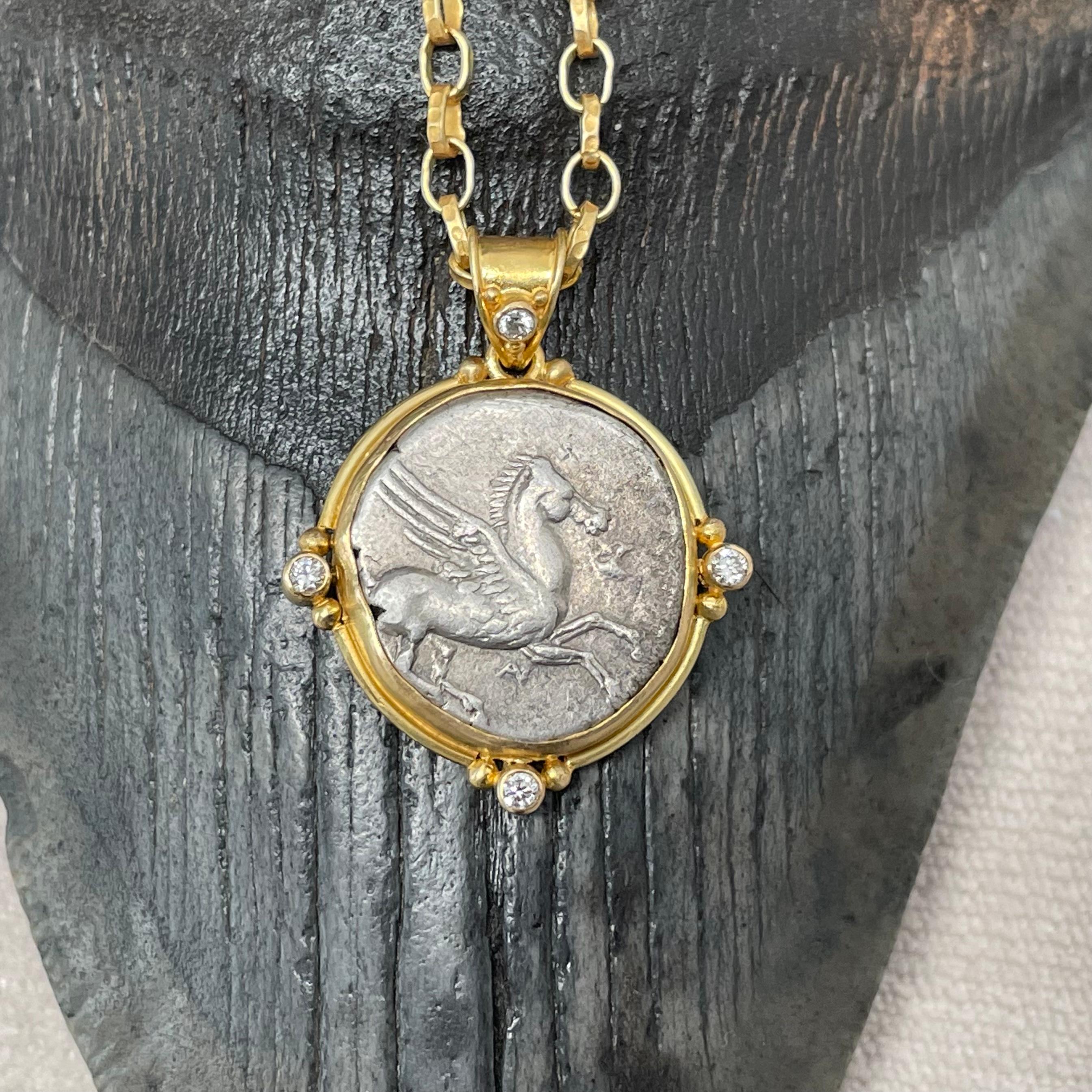 Ancient Greek 4th Century BCE Pegasus Coin Diamonds 18K Gold Pendant For Sale 4