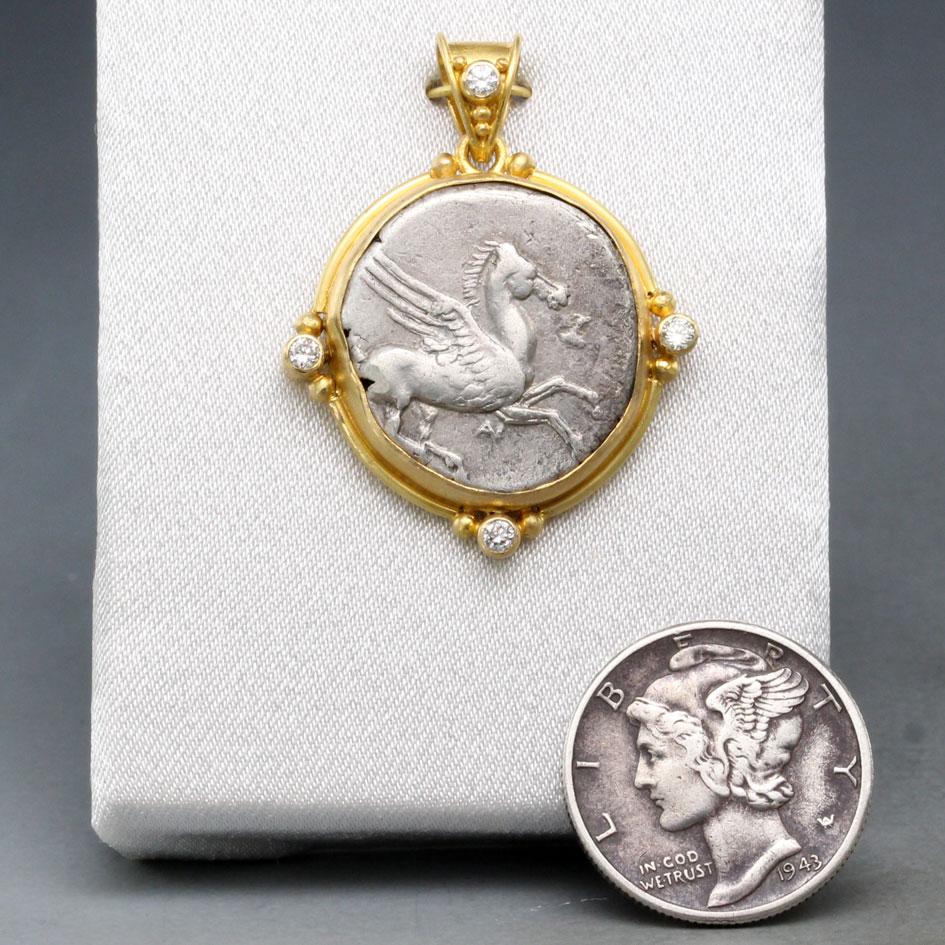 Ancient Greek 4th Century BCE Pegasus Coin Diamonds 18K Gold Pendant For Sale 5