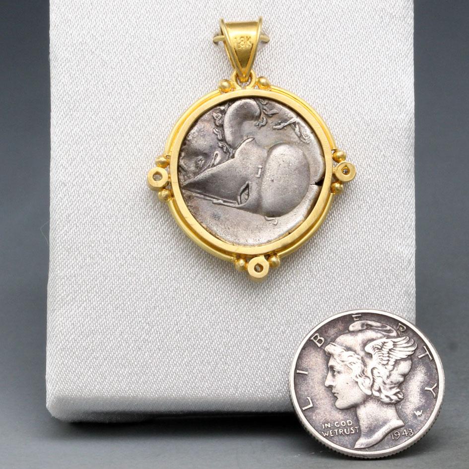 Ancient Greek 4th Century BCE Pegasus Coin Diamonds 18K Gold Pendant For Sale 6
