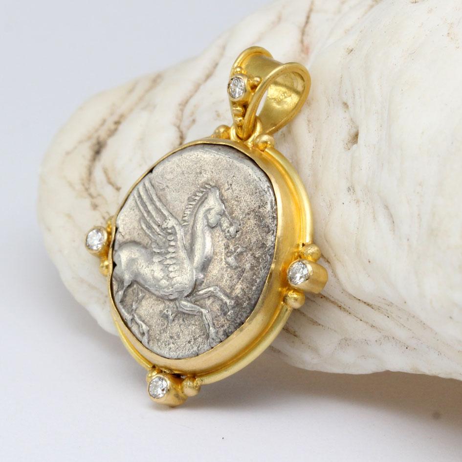 Ancient Greek 4th Century BCE Pegasus Coin Diamonds 18K Gold Pendant For Sale 7