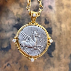 Ancient Greek 4th Century BCE Pegasus Coin Diamonds 18K Gold Pendant