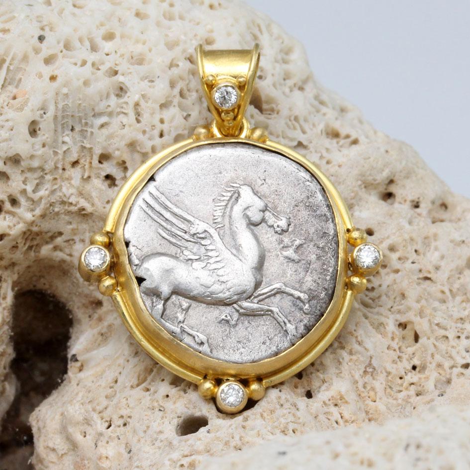 Classical Greek Ancient Greek 4th Century BCE Pegasus Coin Diamonds 18K Gold Pendant For Sale
