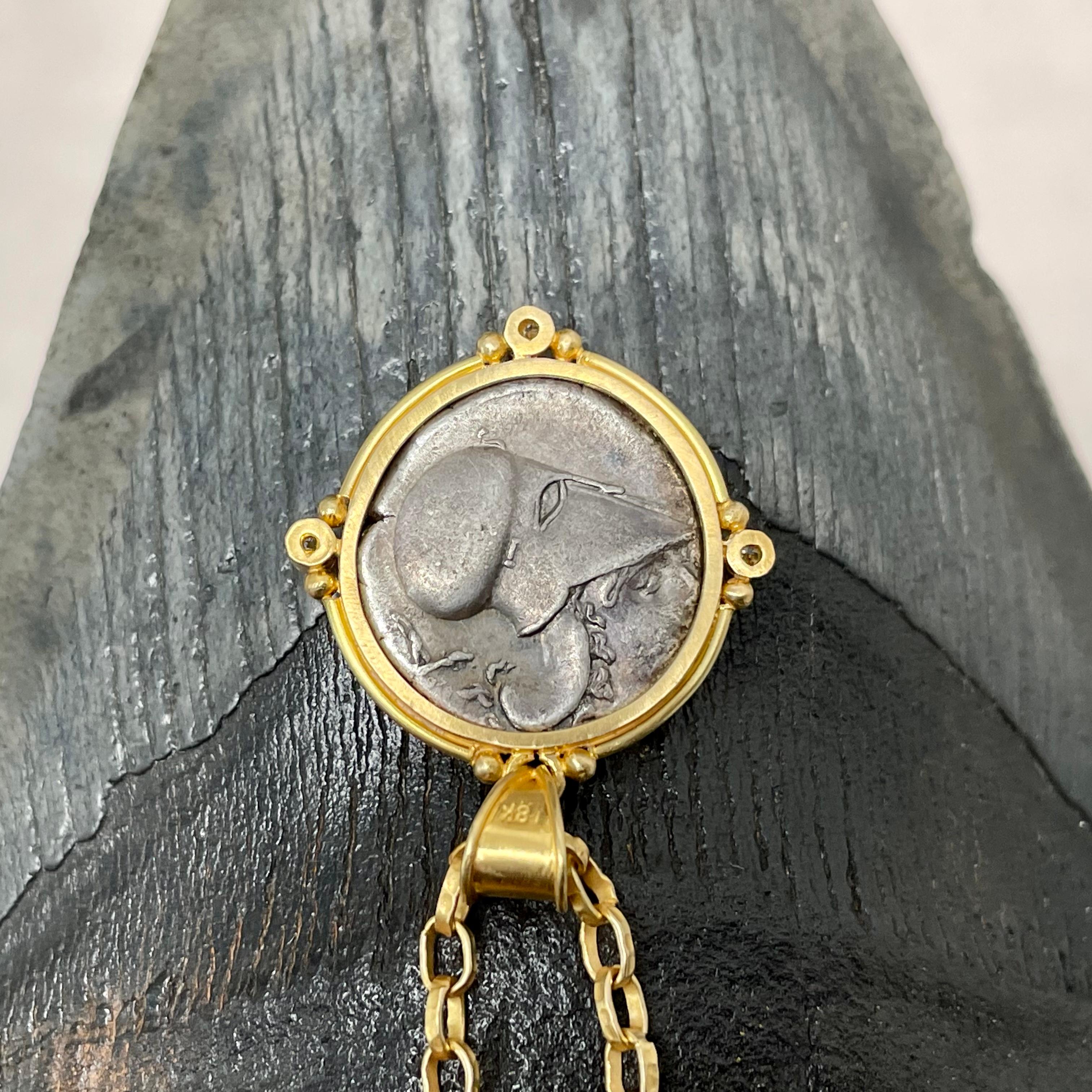 Rose Cut Ancient Greek 4th Century BCE Pegasus Coin Diamonds 18K Gold Pendant For Sale