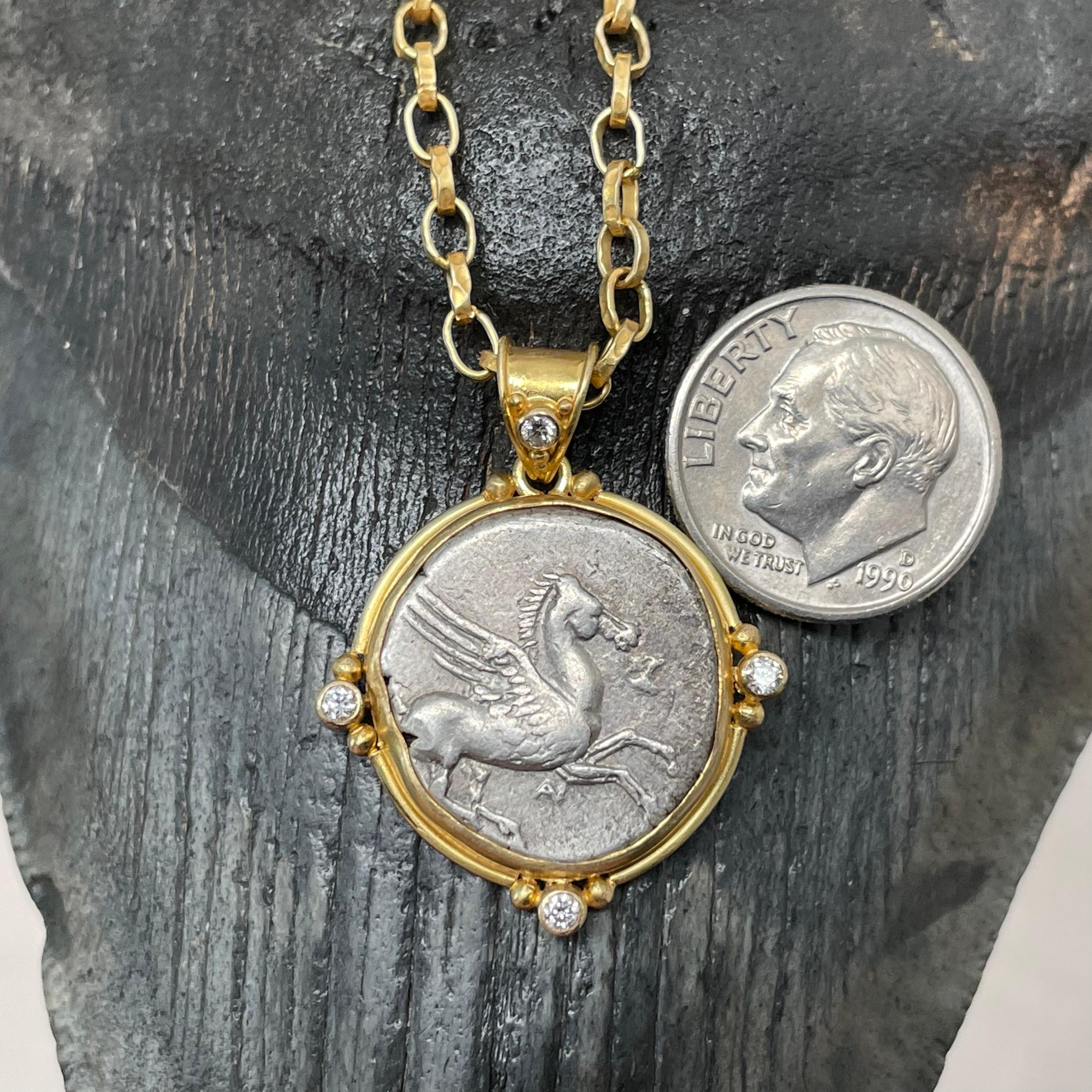 Ancient Greek 4th Century BCE Pegasus Coin Diamonds 18K Gold Pendant In New Condition For Sale In Soquel, CA