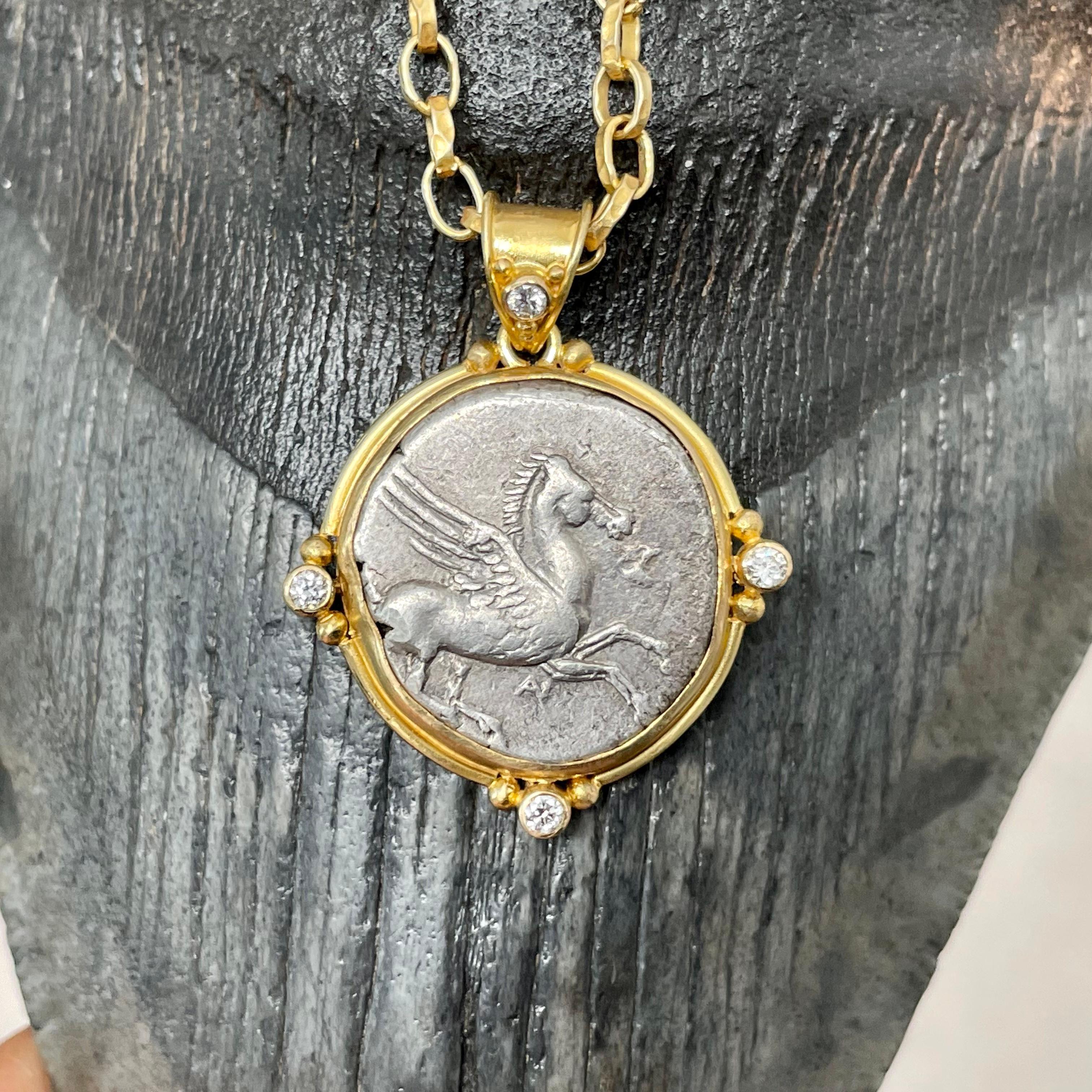Women's or Men's Ancient Greek 4th Century BCE Pegasus Coin Diamonds 18K Gold Pendant For Sale