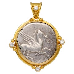 Ancient Greek 4th Century BCE Pegasus Coin Diamonds 18K Gold Pendant