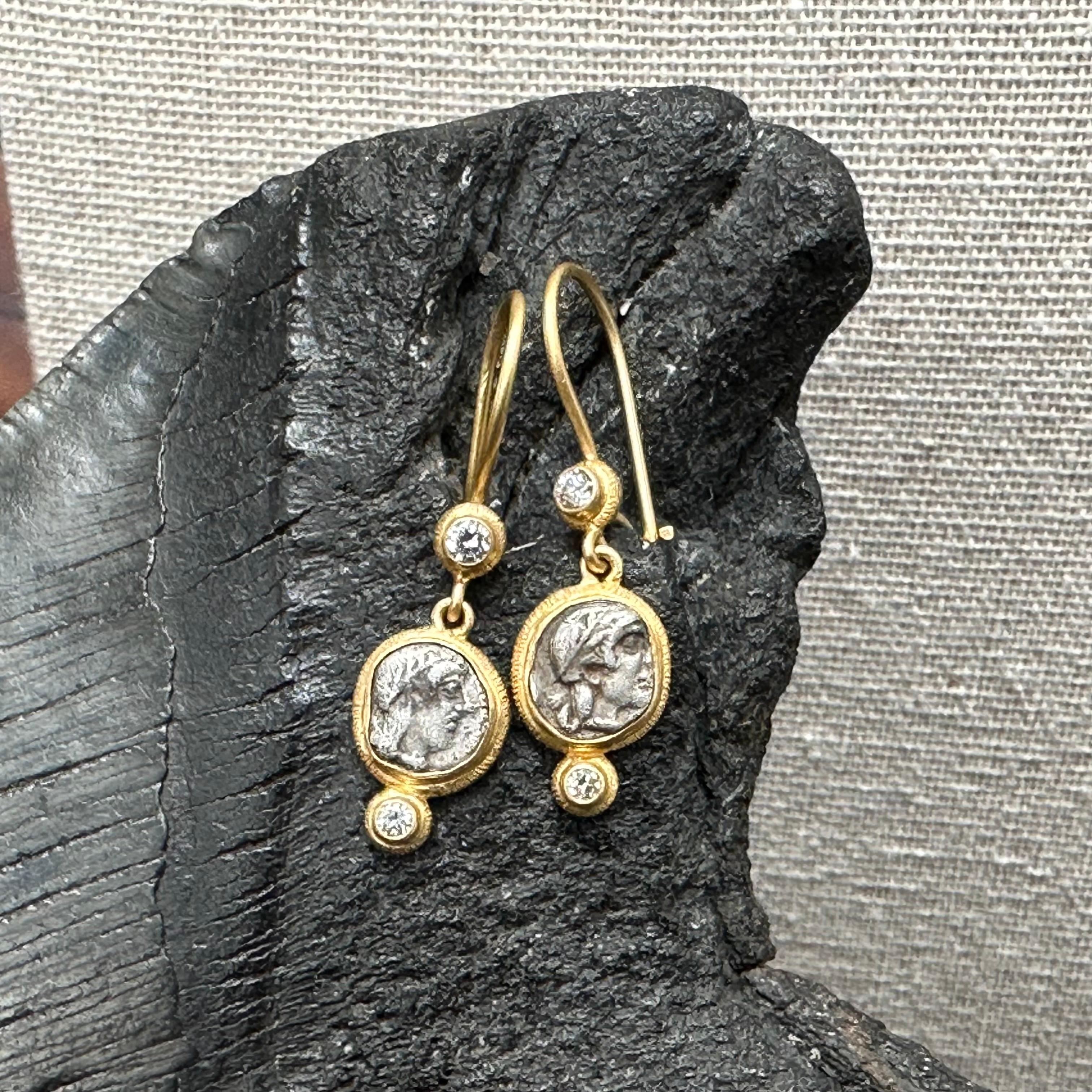 Ancient Greek 5th Century BC Apollo Coins Diamonds 18K Gold Earrings 3