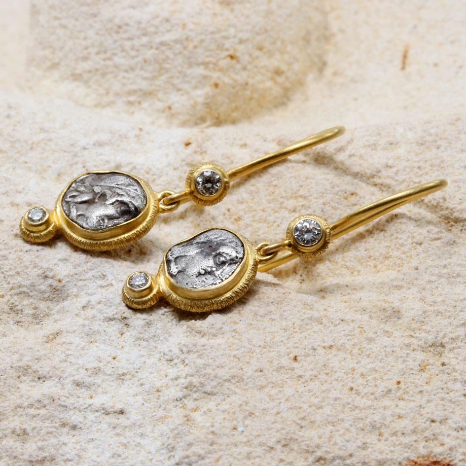 Classical Greek Ancient Greek 5th Century BC Apollo Coins Diamonds 18K Gold Earrings