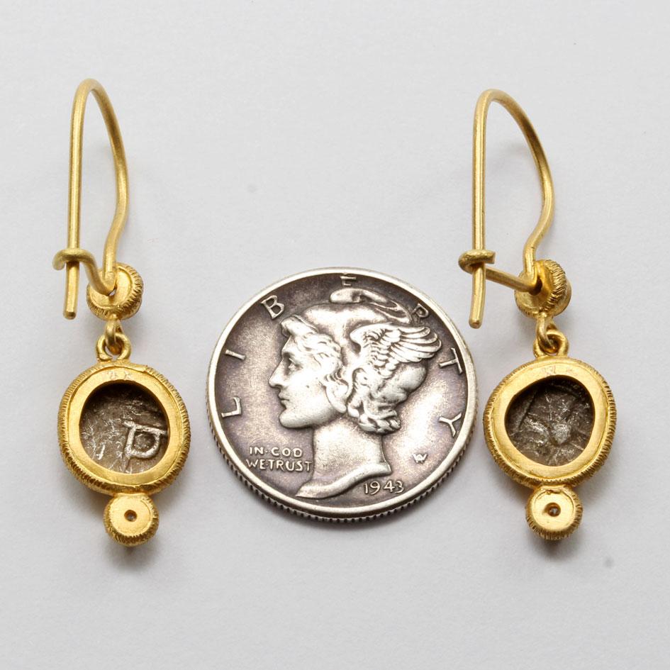Rose Cut Ancient Greek 5th Century BC Apollo Coins Diamonds 18K Gold Earrings