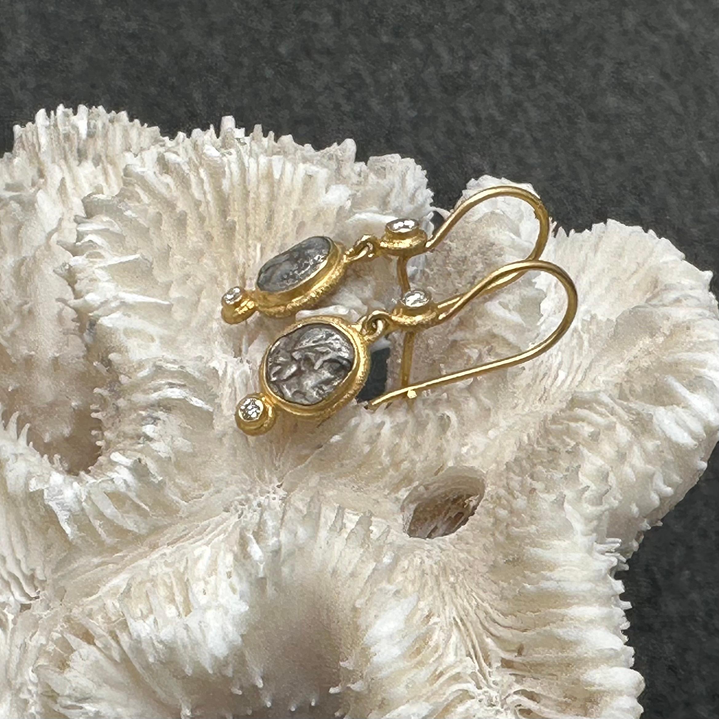 Ancient Greek 5th Century BC Apollo Coins Diamonds 18K Gold Earrings 1