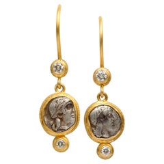 Used Ancient Greek 5th Century BC Apollo Coins Diamonds 18K Gold Earrings