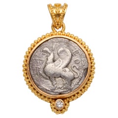 Ancient Greek 5th Century BC Archaic Griffin Coin Diamond 18k Gold Pendant