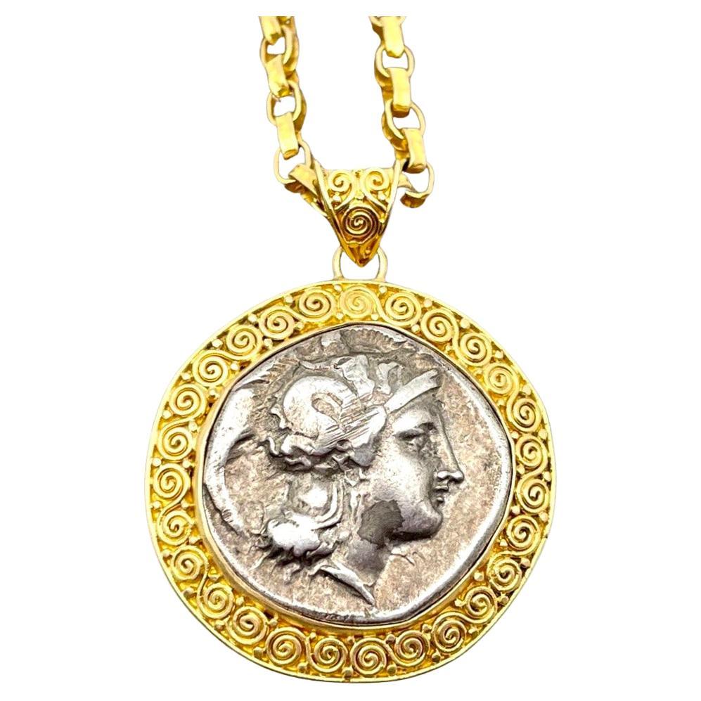 Ancient Greek 5th Century BC Athena Coin 18K Gold Pendant For Sale