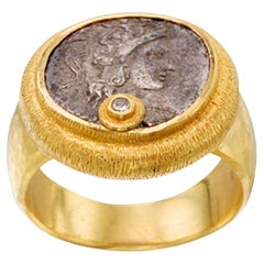 Ancient Greek 5th Century BC Athena Coin Diamond 22K Gold Ring