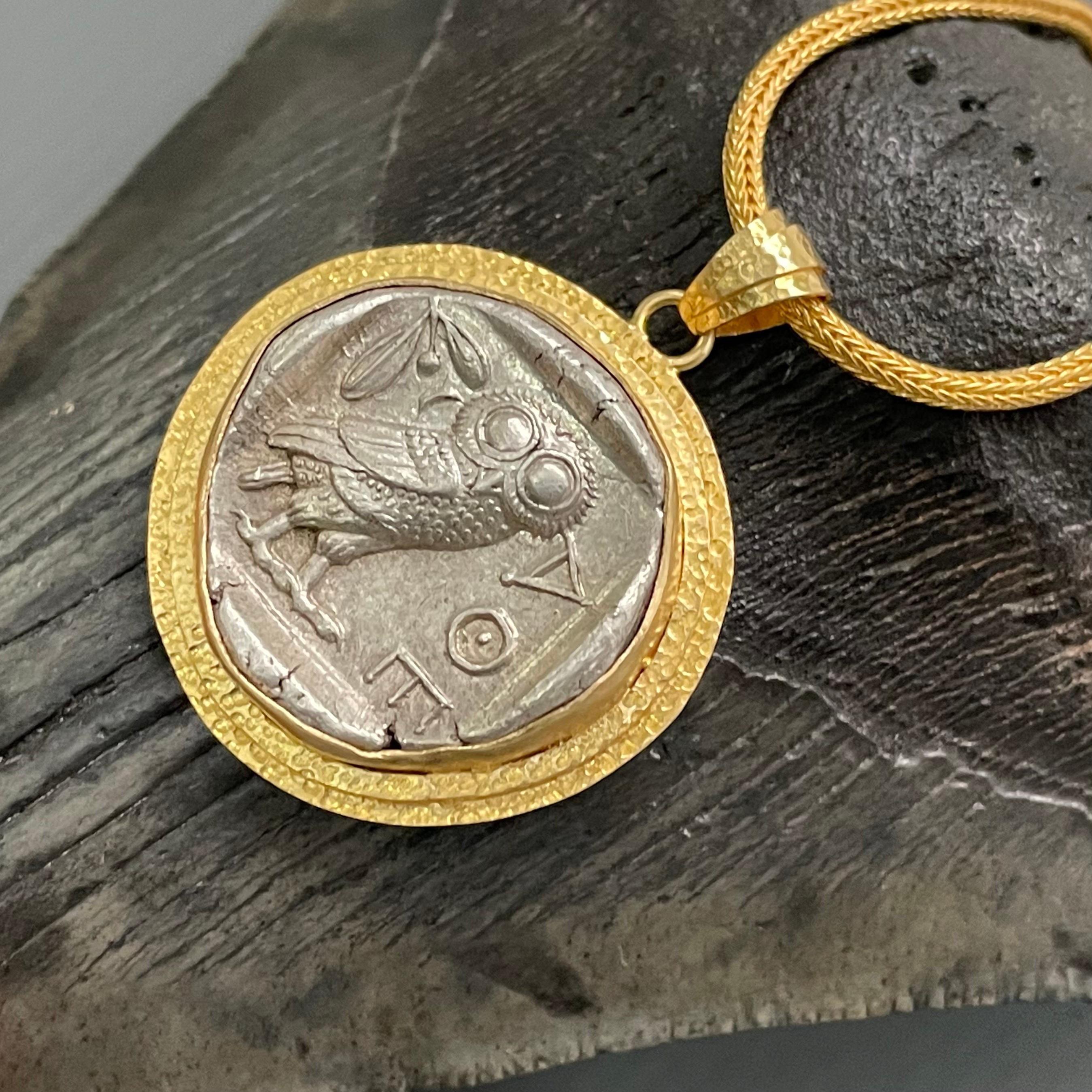 Ancient Greek 5th Century BC Athena Owl Coin 18K Gold Pendant For Sale 2