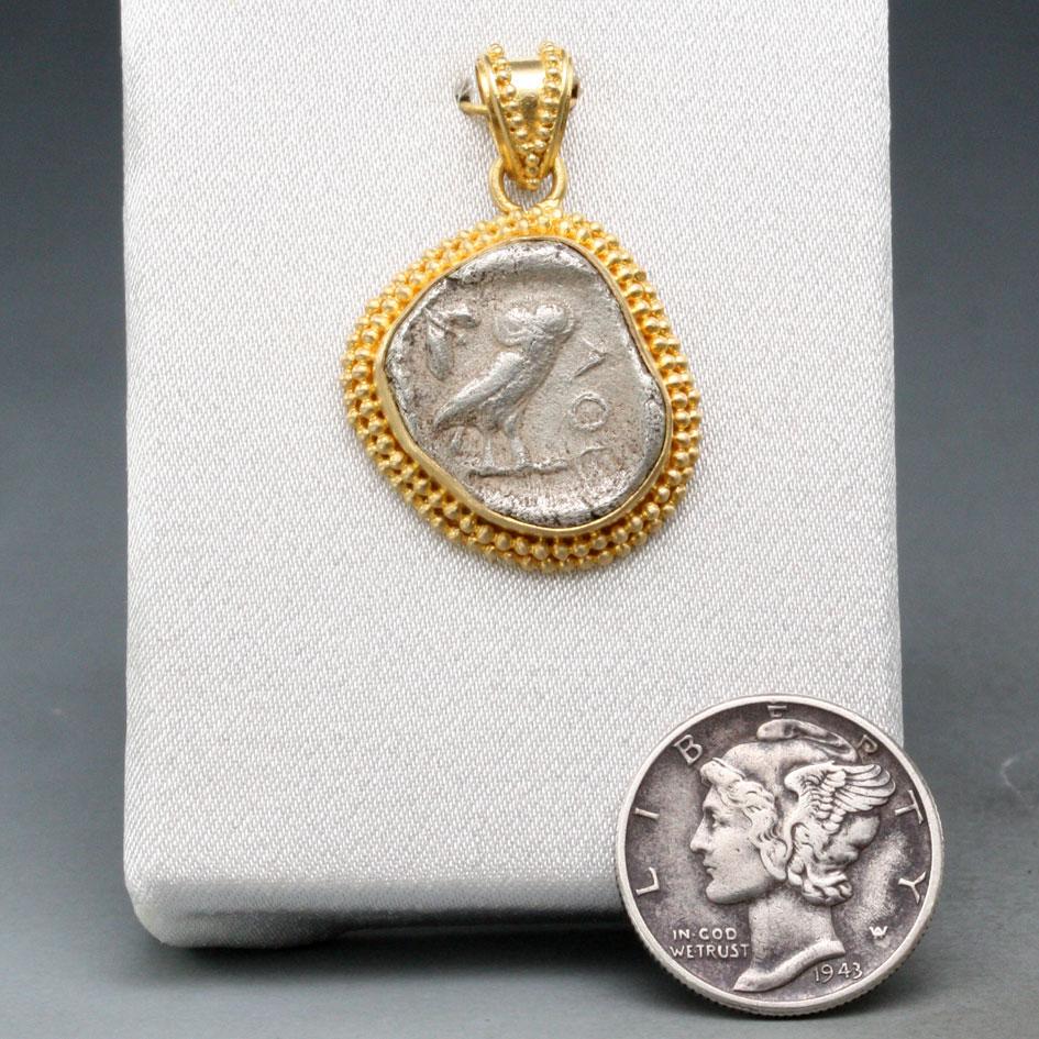 Ancient Greek 5th Century BC Athena Owl Coin 18K Gold Pendant For Sale 3